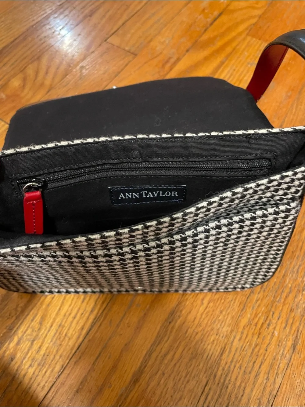 Ann Taylor Houndstooth Shoulder Bag with Red-Trim Strap